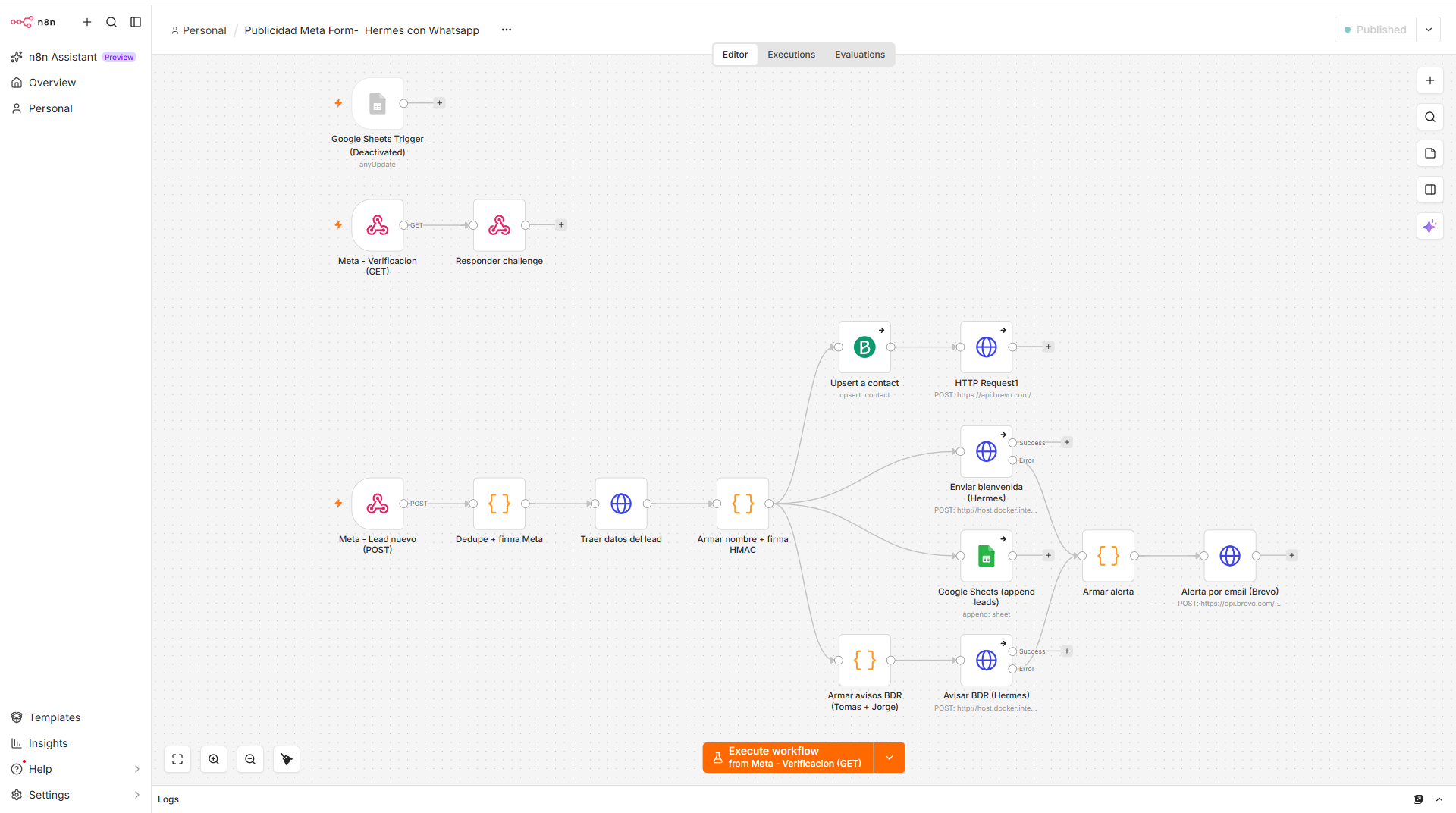 Workflow de n8n para recibir leads, validar y organizar sus datos y distribuir avisos a distintos sistemas.